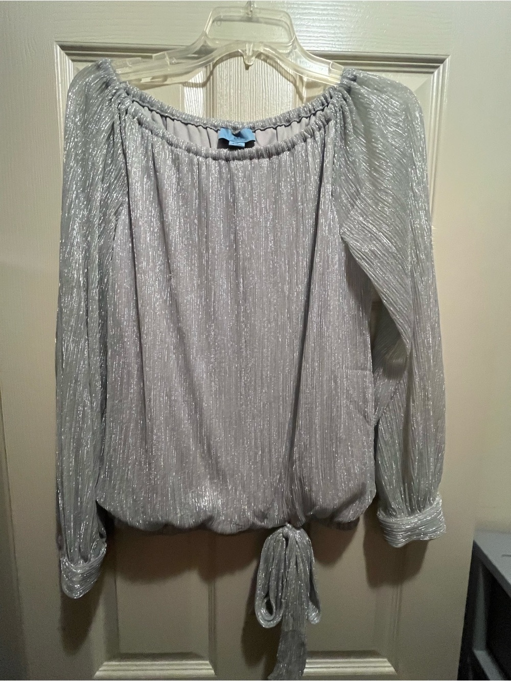 CeCe Silver Metallic Off-Shoulder Tie-Hem Blouse